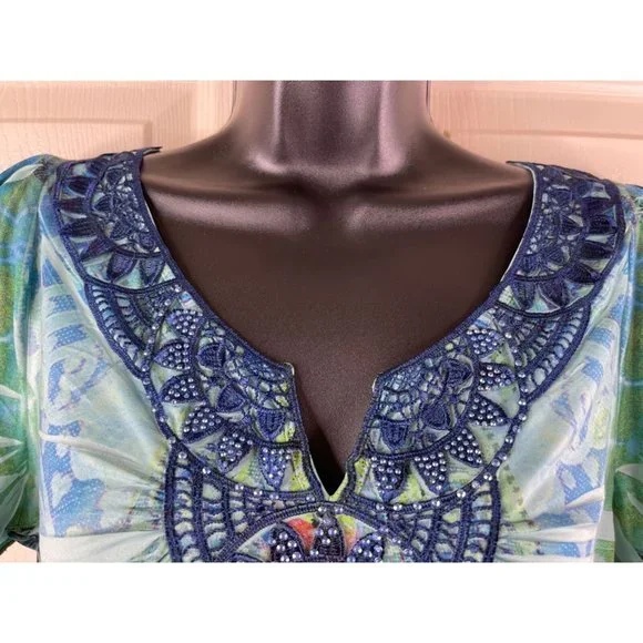 Apt 9 Blouse Women Blue Green Short Sleeve Stretch Smooth Knit Top Size Medium M - Picture 6 of 11